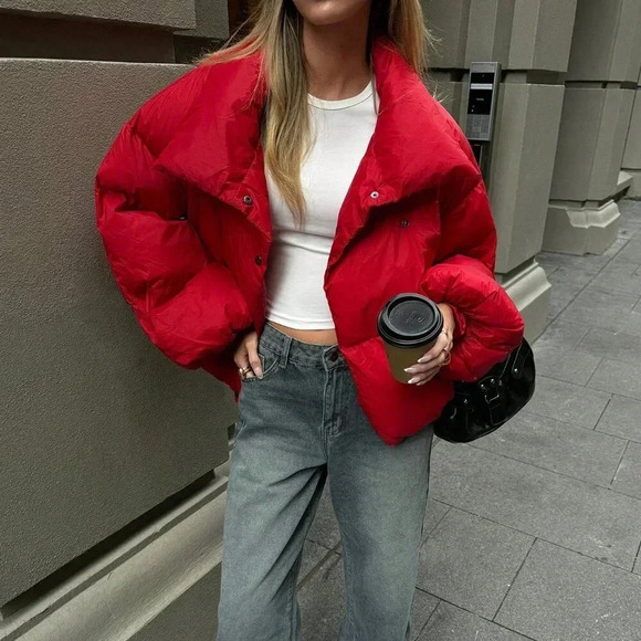 Red Casual Women's Big Lapel Padded Jacket - Picture 5 of 9